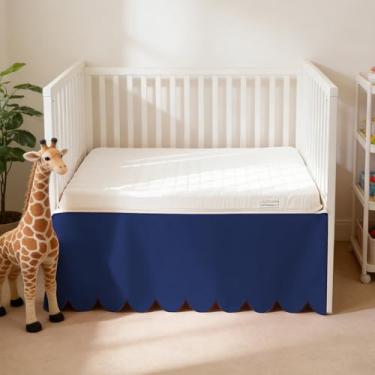 Imagem de Saia para cama de berço 100% algodão com borda recortada, 71 cm x 132 cm com 35,5 cm de caimento, saia de cama de algodão macio respirável de 4 lados para bebês meninos e meninas, elegante vintage