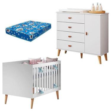 Imagem de Berço Americano Ludmila Com Cômoda Infantil Duda Branco Acetinado Bétula E Colchão Ortobom - Carolina