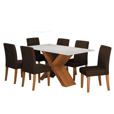 Imagem de Conjunto De Mesa Sala De Jantar Tampo Com Vidro 1,60m Grécia 6 Cadeiras Trieste Dobuê Madeirado/chocolate