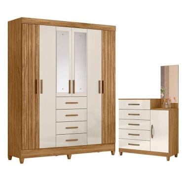 Imagem de Guarda Roupa Solteiro Aruba Com Espelho E Cômoda Lisboa Freijó Off White – Moval