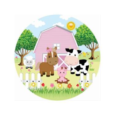 Imagem de Painel de Tecido Sublimado Redondo Fazendinha Rosa Animais e Jardim Me