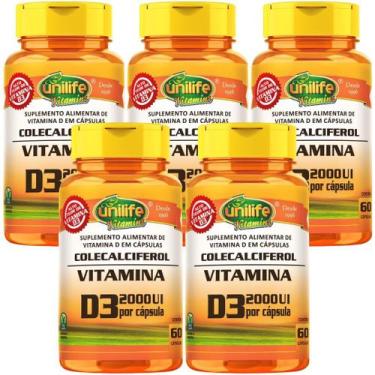 Imagem de KIT C/5 Un Vitamina D3 2000 Ui Colecalciferol 60 Cápsulas Unilife, Sem