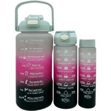 Imagem de Garrafa de Água Kit Garrafas de Água para Treino com Frases Motivacionais Capacidades 2L 900ml 300ml Cinza Rosa Preto