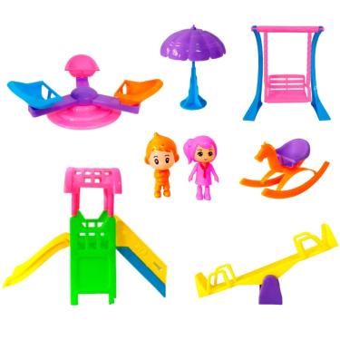 Imagem de Brinquedo Infantil Kit Parquinho Playground Escorregador 2 Bonecos