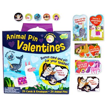 Imagem de Peaceable Kingdom Cartões de Dia dos Namorados para crianças, alfinetes de animais, 28 cartões com pinos de animais