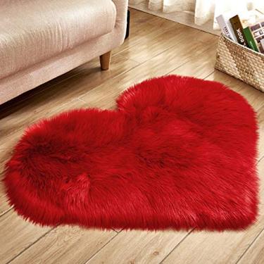 Imagem de Firlar Tapete felpudo de lã sintética, tapete acolchoado de cobertor de pelúcia sintética, tapete macio em forma de coração, quarto antiderrapante para decoração de sala de estar, vermelho