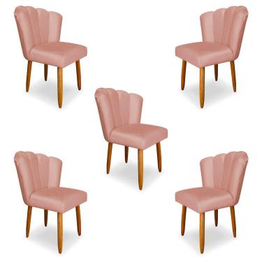 Imagem de Kit 5 Cadeiras de Jantar Pétala Estofada Pés Palito Veludo Rosê - Montanaris Decor