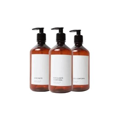 Imagem de Kit Body Care Frasco Âmbar Plástico 500ml Sabonete Esfoliante Corporal Óleo Corporal Banheiro Nicho (Minimal)