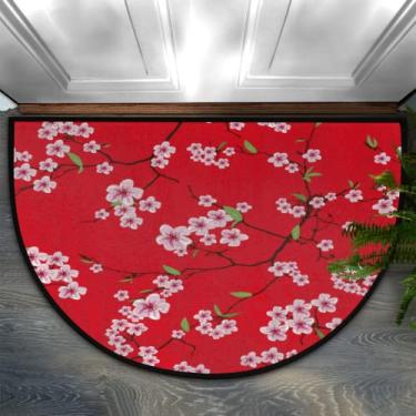 Imagem de Tapete de porta meio redondo, flor de ameixa rosa Sakura floral durável antiderrapante meio círculo tapete lavável meia lua tapetes de lareira resistentes à decoração tapetes semicírculo para interior quarto sala de estar cozinha