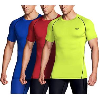 Imagem de Camisetas masculinas de compressão de manga curta e secagem fresca TSLA, camisa de treino atlético, camisetas esportivas com camada de base esportiva, pacote com 3 (mub20) - amarelo neon/azul/vermelho, grande