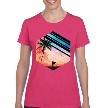 Imagem de Camiseta feminina Surfer Paradise Vintage Ocean Summer Surfing Wave Vacation Sea Beach Surfboard Peddle Boarding, Rosa choque, XXG