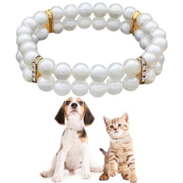 Imagem de Colar de duas fileiras de pérolas sintéticas com elástico e strass para animais de estimação e filhotes de cachorro pequeno da PET SHOWPET SHOW S 7.9" branco PETSHOW0565