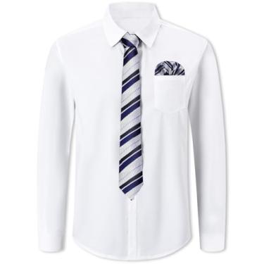 Imagem de SANGTREE Conjunto masculino de camisa social e gravata, camisa de botão de manga comprida com gravata e lenço combinando, Branco-A, P