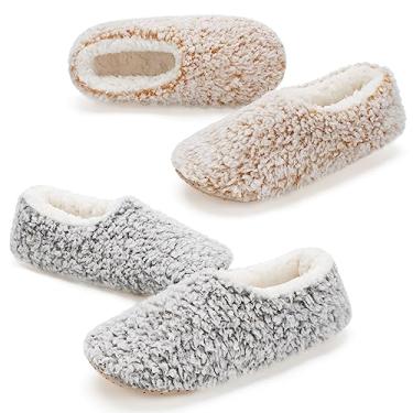 Imagem de cosyone1997 2 pares de pantufas grossas e quentes para mulheres para uso interno e forro de sherpa fofo, meias de inverno para casa de inverno, solas macias e antiderrapantes, aconchegantes, Pacote com 2, felpudo (Taupe e cinza), 7-8