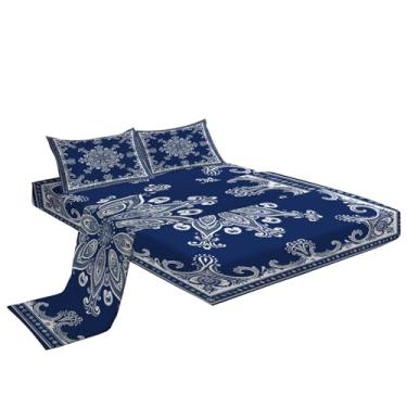 Imagem de Eojctoy Jogo de lençol Queen - Lençóis de cama respiráveis ultramacios - Lençóis escovados luxuosos com bolso profundo - microfibra flor de caju com fundo azul com estampa de enrugamento, cinza escuro