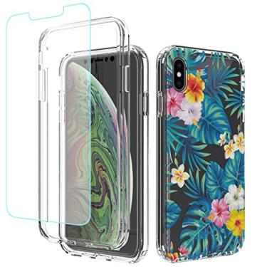 Imagem de sidande Capa para iPhone Xs Max com protetor de tela de vidro temperado, capa protetora fina de TPU floral transparente para Apple iPhone Xs Max 6,5 polegadas (flores e folhas)