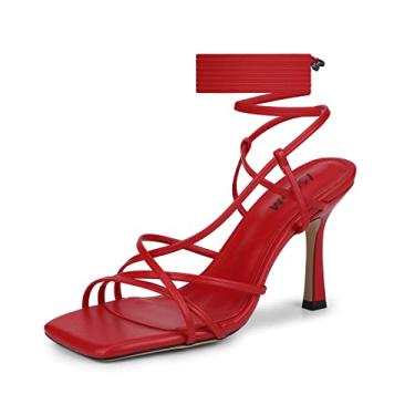 Imagem de ISNOM Sandálias femininas de salto com cadarço, bico quadrado, tanga aberta, design de salto agulha, Vermelho, 43