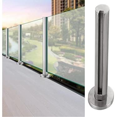 Imagem de Braçadeira de poste de corrimão de plataforma redonda prateada, pilar de painel de corrimão de vidro de aço inoxidável para vidro/plástico/madeira, cerca de balaustrada de pátios de varanda,