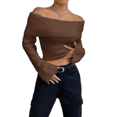 Imagem de SHENHE Suéter feminino com ombros de fora e malha canelada manga longa cropped pulôver, Marrom café, M