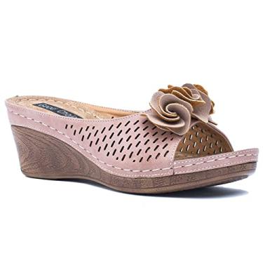Imagem de GC Shoes Sandálias femininas de cunha, bico aberto, plataforma de salto médio, tanga de couro vegano confortável com alça de flor, flora, Juliet Blush, 36