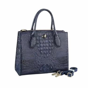 Imagem de Bolsa feminina autêntica de couro jacaré genuíno exótico pele de crocodilo bolsa de ombro única feminina bolsa transversal, Azul escuro, 28cm(Width) x 23cm(Height) x 11.5cm(Deep)