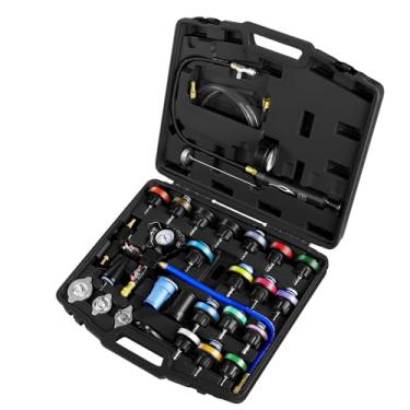Imagem de JIFETOR Kit de ferramentas de recarga para testador de pressão de refrigeração do radiador, 28 peças, sistema de refrigeração automotivo, teste de vazamento e purga pneumática com tampas de adaptador de teste universal para elevador de ar, carro, caminhão