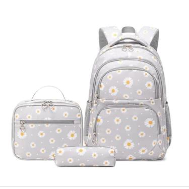 Imagem de Conjuntos de mochilas com estampas de margarida 3 peças para crianças mochila para escola primária mochila para estudantes do ensino fundamental para adolescentes (CINZA)