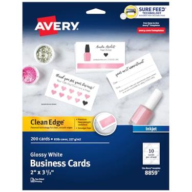Imagem de Avery Cartões de visita imprimíveis Clean Edge com tecnologia Sure Feed, 5 cm x 8,9 cm, branco brilhante, 200 cartões em branco para impressoras jato de tinta (8859)
