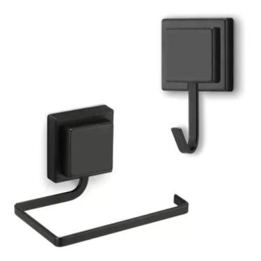 Imagem de Kit 2 Peças Banheiro Papeleira E Gancho Preto Fosco - Metaltru