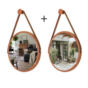Imagem de Kit 2 Espelhos Redondo Decorativo Suspenso Alça 60cm + Suporte Cobre A