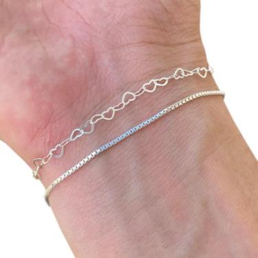 Imagem de Kit 2 Pulseira Feminina de Prata 925 Elos Corações Veneziana - Hakuna 