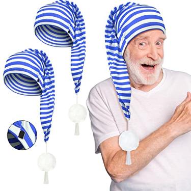 Imagem de Eurzom 2 peças de boné de dormir masculino ajustável listrado com bola pompom para festa de fantasia diária de Natal, Azul e branco, 21.6-23.6 inches