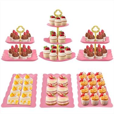 Imagem de Conjunto de 6 peças de suporte de bolo de plástico rosa - Torre de cupcake de 3 camadas e 2 camadas para mesa de sobremesa - Suporte de exibição de petiscos, bandeja de servir doces de biscoito para