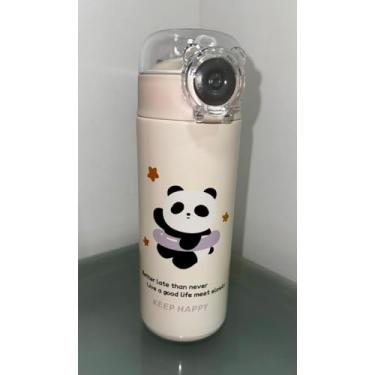 Imagem de Garrafa Térmica Infantil Panda Em Aço Inox com tampa, Trava e Canudo - 500ml (Creme)