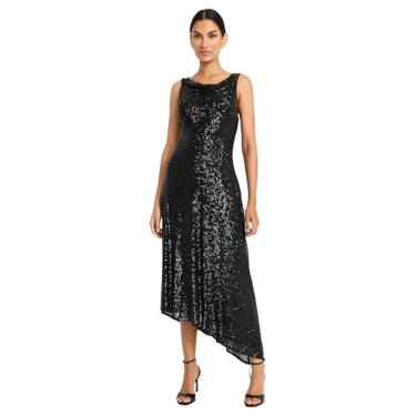 Imagem de Maggy London Vestido feminino elegante de lantejoulas com bainha assimétrica, midi coquetel, sem mangas, gola alta, formal, Preto, 44