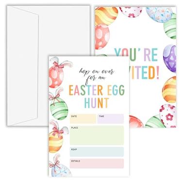 Imagem de OXRUN Cartões de convite de festa de caça ao ovo de Páscoa, 25 peças de convites de festa de coelhinho da Páscoa com envelopes, suprimentos de decoração de festa coloridos de primavera - C05