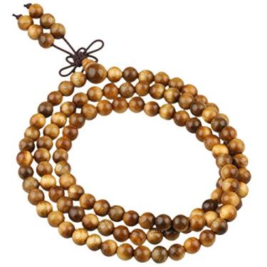 Imagem de Pulseira de madeira natural Nupuyai para mulheres e homens, colar tibetano com 108 contas Mala oração para joias de ioga e meditação elástica unissex Marrom