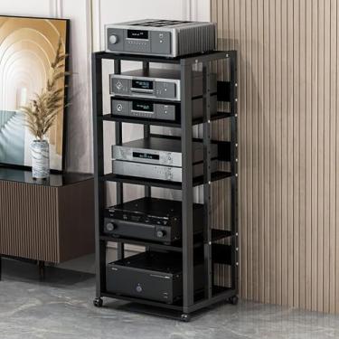 Imagem de Suporte de mídia AV móvel de 3/4/5 níveis Prateleira de canto para leitor de CD, gabinete de armazenamento de componentes estéreos, torre de áudio com prateleiras de madeira ajustáveis de altura para