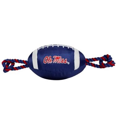 Imagem de Pets First OLE MISS Brinquedo para cães de futebol, materiais de nylon de qualidade resistente, cordas de puxar fortes, esguicho interno, cor do time universitário