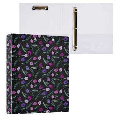 Imagem de Fichário com 3 anéis florais de flores de primavera e tulipas florais de 3,8 cm com prancheta e 3 bolsos transparentes, comporta 200 folhas de papel tamanho A4 à prova d'água para escola, escritório