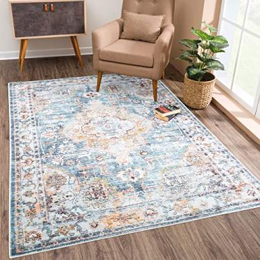 Imagem de Bloom Rugs Tapete lavável antiderrapante 9,5 x 1,5 m - Tapete de área tradicional azul-petróleo/pêssego para sala de estar, quarto, sala de jantar e cozinha - Tamanho exato: 9,5 x 1,5 m