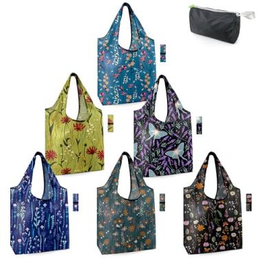 Imagem de BeeGreen Sacolas estéticas com arbustos floridos, presentes para mulheres, viagens, florais, reutilizáveis, sacolas de compras, pacote com 6, 22,7 kg, GG, dobrável, lavável na máquina