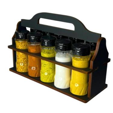 Imagem de Porta Tempero MDF C/ 10 Potes Plástico 130ml Tampa Dosadora - ORTIZ
