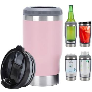 Imagem de Caneca Porta Latas e Isolador 4 em 1 para Lata Fina e Padrão de 355ml e Long Neck de Cerveja. Copo Térmico de Aço Inoxidável Isolado a Vácuo e Termocooler (Rosa)