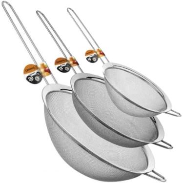 Imagem de Jogo 3 Peneiras em Aço Inox Resistente Luxo Para Coar Polvilhar Versátil, Durável, com Suporte para Panelas e Travessas, Resistente a Temperaturas e de Fácil Manuseio 8 a 20cm. PRÓODOS (16-18-20)