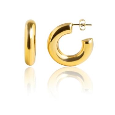 Imagem de Altitude Boutique Argolas pequenas grossas de ouro ou prata | Brincos de tubo redondo grosso | Brincos de argola ocos, leves e hipoalergênicos para mulheres, 15mm, Aço inoxidável, Sem pedra preciosa