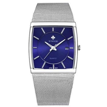 Imagem de Relógio masculino clássico analógico quartzo data aço inoxidável milanês malha pulseira ultra fina retangular mostrador luminoso, Azul