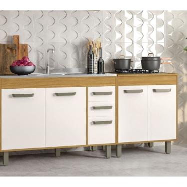 Imagem de Kit de Cozinha 190cm 5 Portas 2 Gavetas com Balcão Para Pia e Cooktop - Freijó/Off Acetinado Poliman 