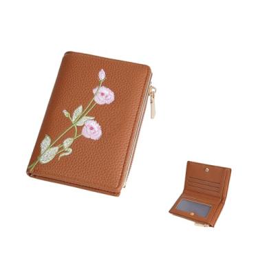 Imagem de Carteira pequena floral feminina linda bolsa de moedas com zíper minimalista porta-cartão de crédito bolsa de couro PU para troca de dinheiro, Marrom, Bonita