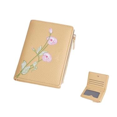 Imagem de Carteira pequena floral feminina linda bolsa de moedas com zíper minimalista porta-cartão de crédito bolsa de couro PU para troca de dinheiro, Amarelo claro, Bonito